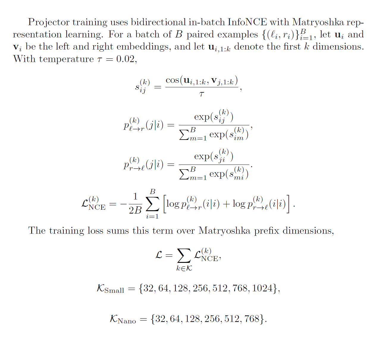 jina-ocr-v1 输出的 LaTeX 数学公式重新编译后的结果，显示 InfoNCE 训练公式完整