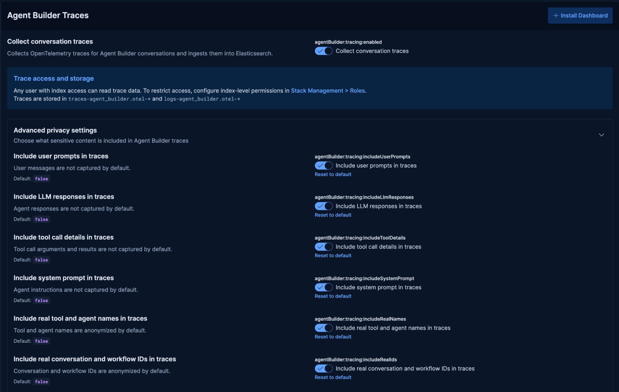 Kibana 中 Agent Builder 追踪设置，显示了追踪开关和 OTel 追踪数据的高级隐私控制