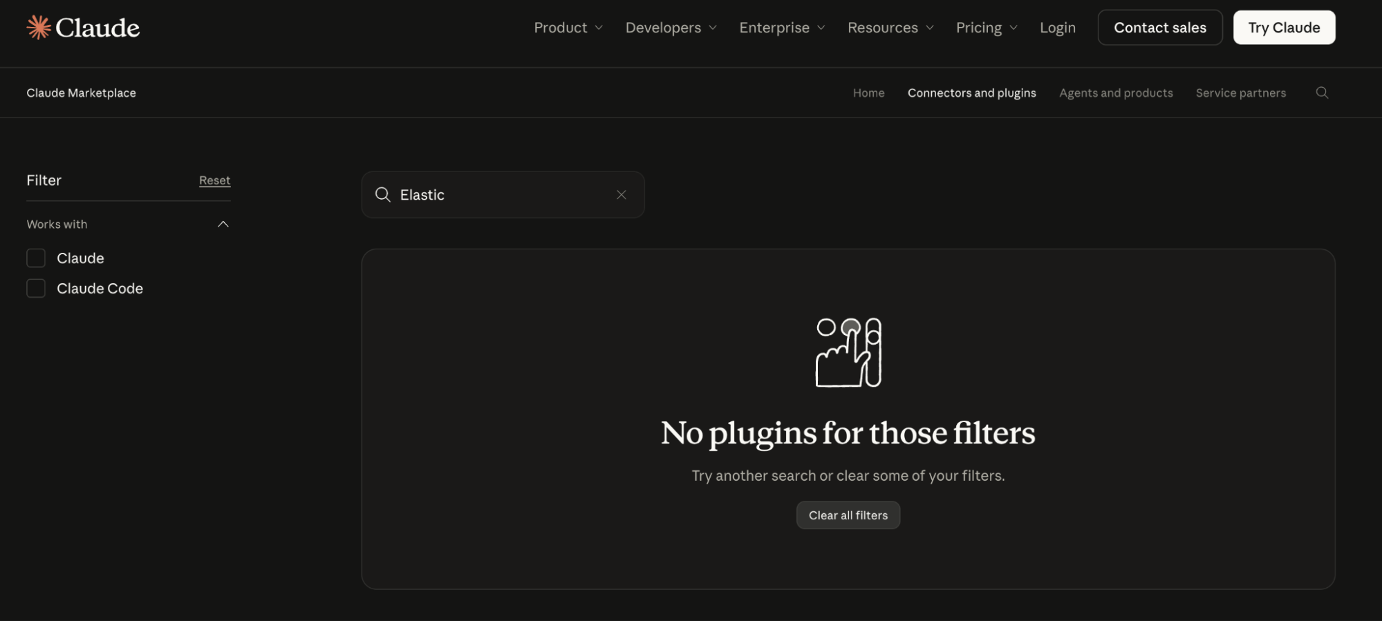 在将 Claude 插件发布到目录之前,Claude Marketplace 中搜索 Elastic 没有返回任何插件