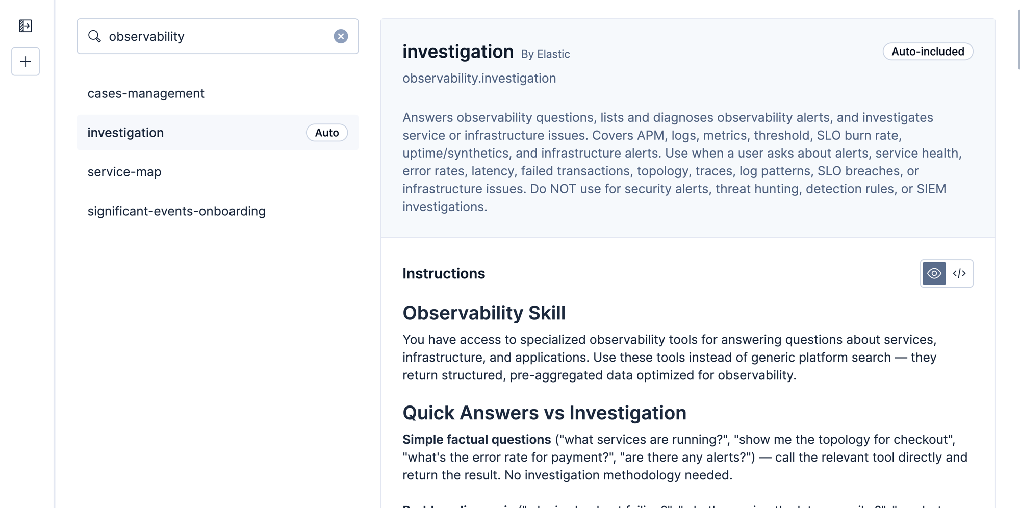 Agent Builder 中的 observability.investigation 技能，显示其描述和 Markdown 指令