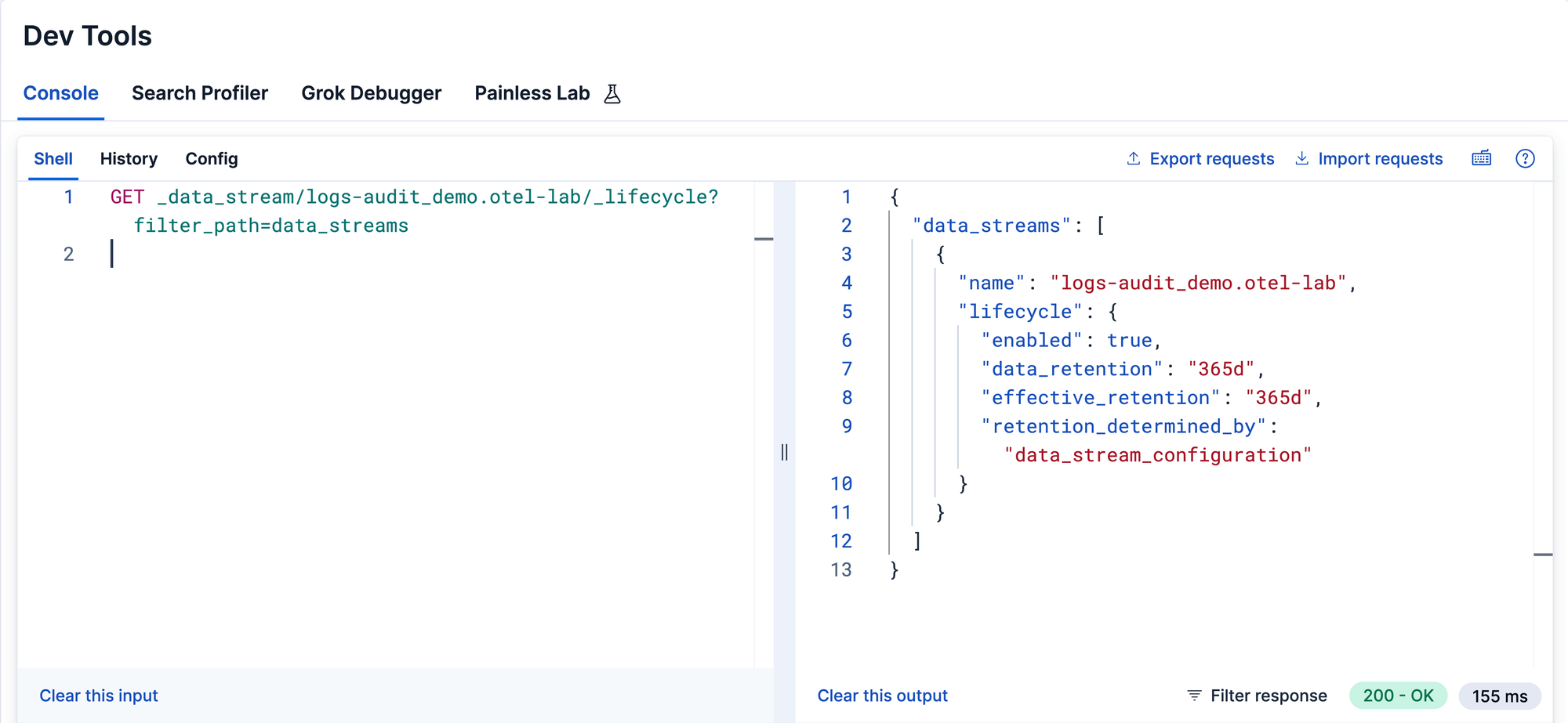 Kibana Dev Tools 生命周期 API 响应，显示审计日志数据流的 365 天数据保留