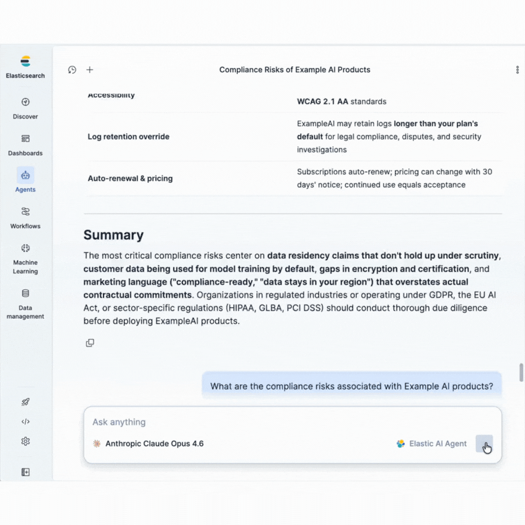 Elastic AI Agent 界面滚动,显示公司假期政策与法国劳动法假期权益之间的对比表格,针对工作场所查询生成。