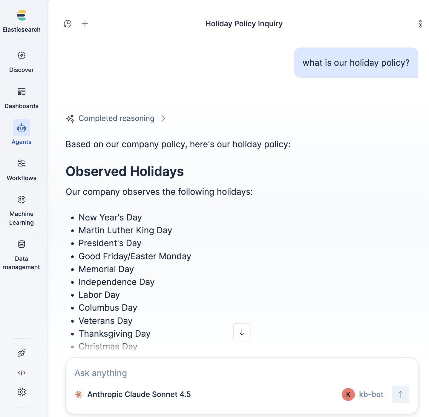 Elastic Agent 界面显示“Holiday Policy Inquiry”响应,以清晰的卡片式布局列出公司观察到的假期。