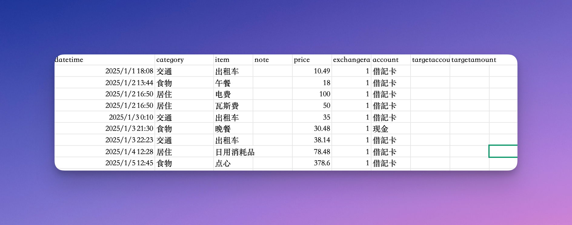 2025 年记账表（部分）