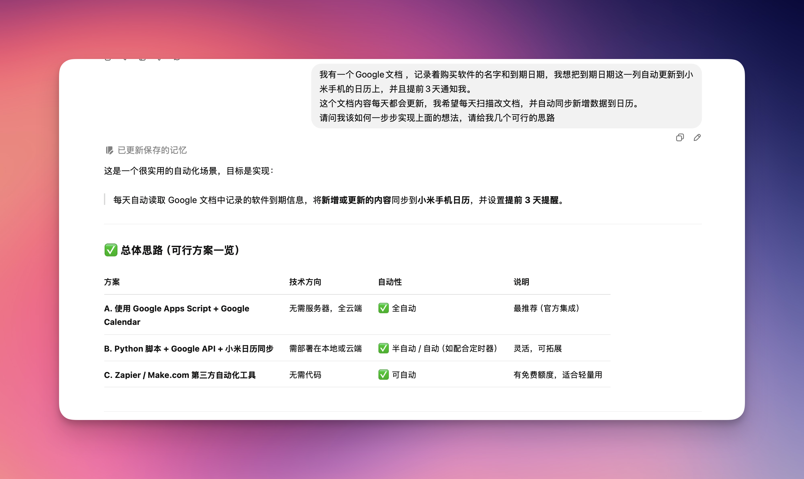 ChatGPT 小助手的回复