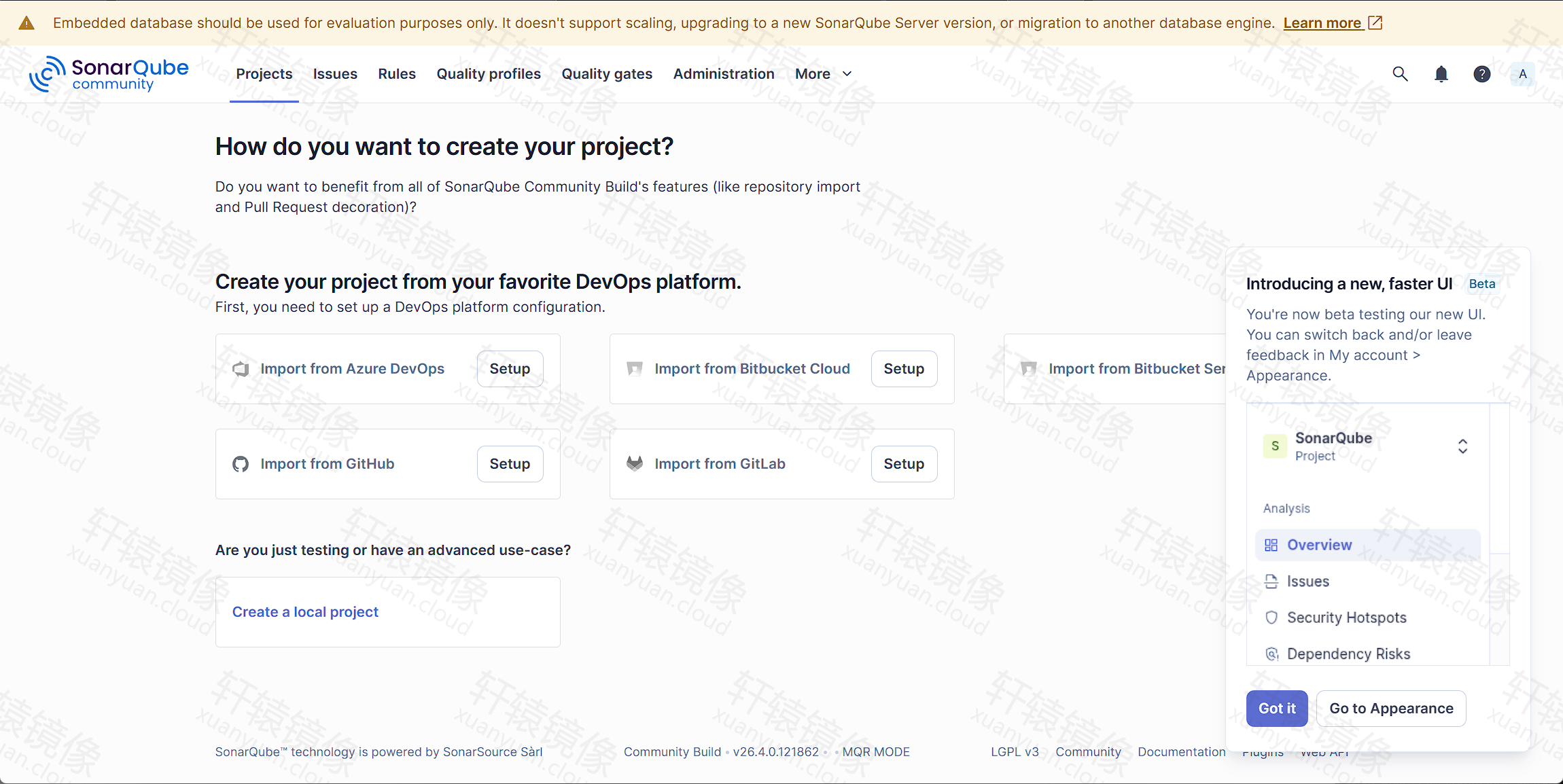 SonarQube 创建项目页：How do you want to create your project，含 Create a local project，页脚为 Community Build v26.4.0.121862