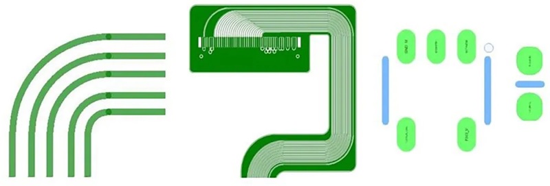 图5：从左到右分别是：拐角是弧形的走线，拐角是弧形的FPC外形，以及焊盘是椭圆形且拐角是弧形的SMT焊盘