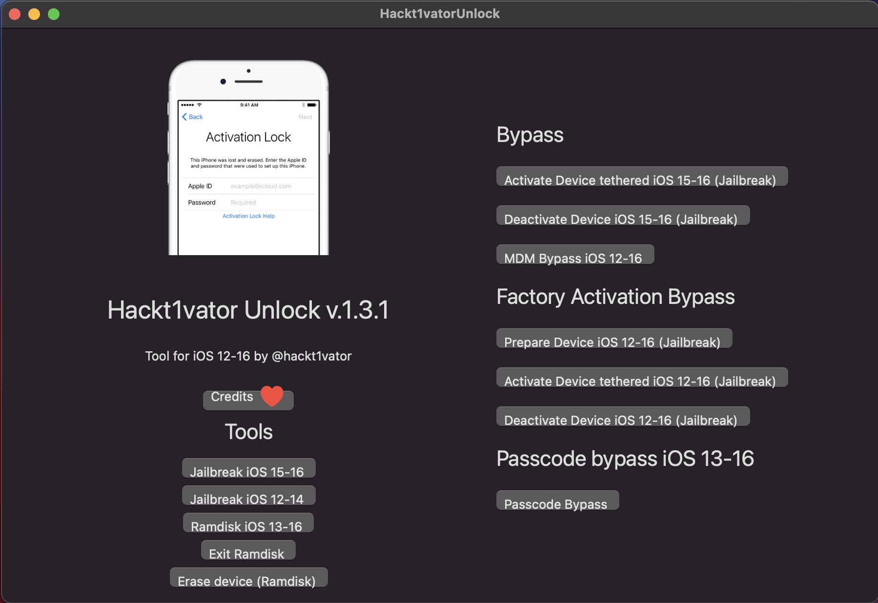 Hackt1vator Unlock-免费绕过MDM配置锁/密码界面工具