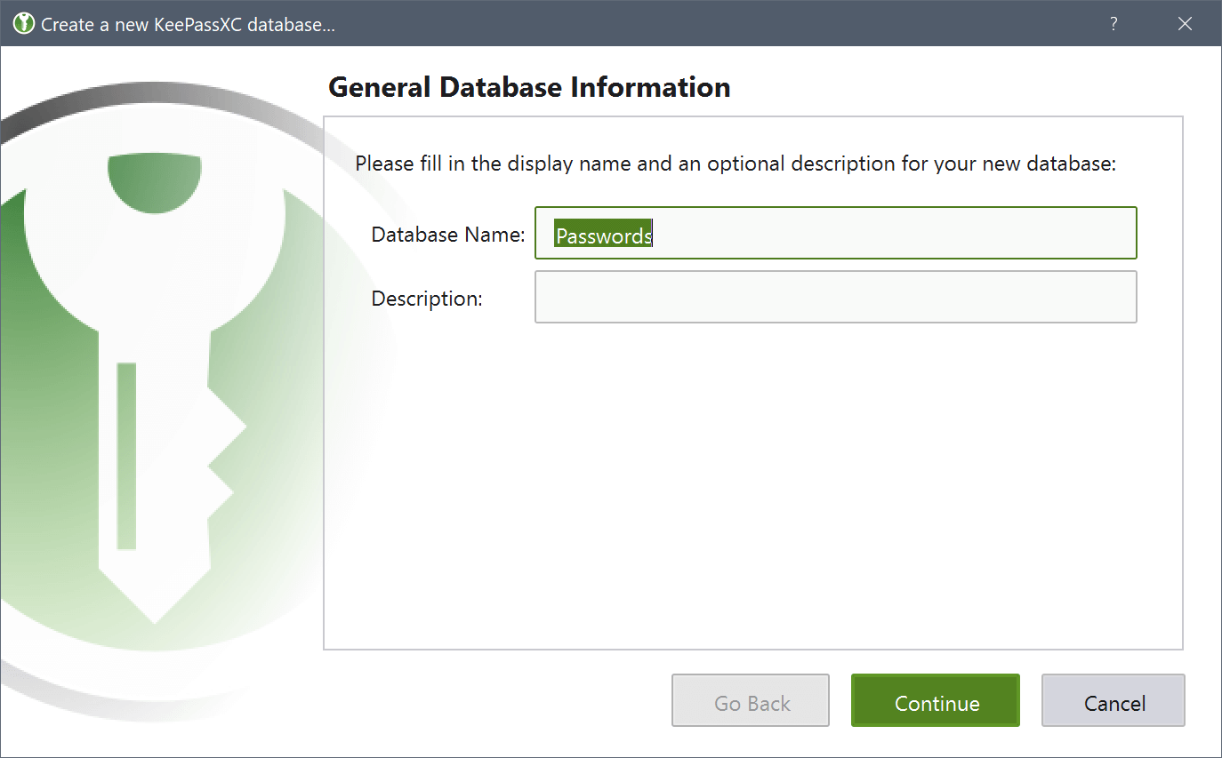 Fill General Database Information - KeePassXC