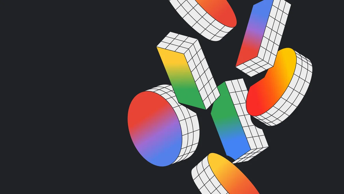 A black background with various 3D, rainbow-hued “I”s and “O”s falling down on the right-hand third of the screen.