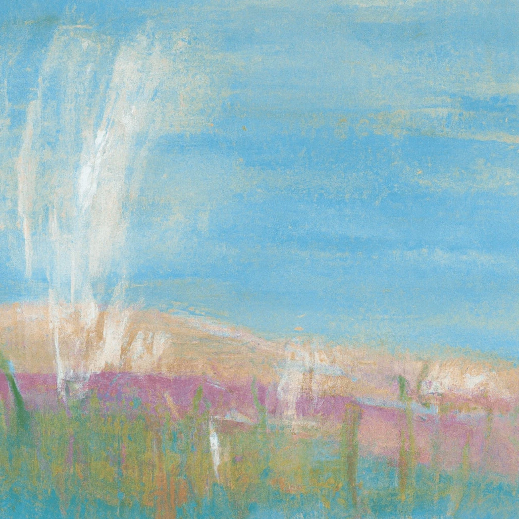 Abstract painting with a blend of blue, pink, and green hues, resembling a landscape with a clear sky