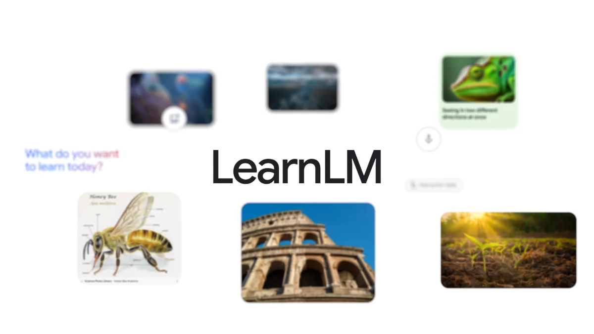 文本“LearnLM”周围是一组多样化的图像，包括蜜蜂、斗兽场和阳光下的植物