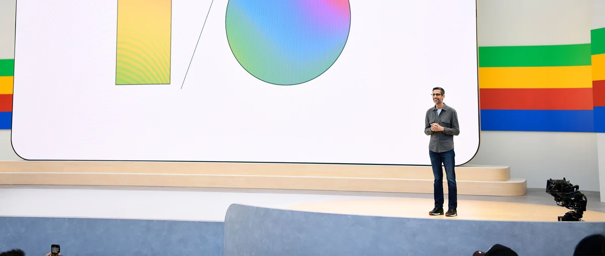 Sundar 在舞台上，背景显示填充渐变色的 I / O 字母。