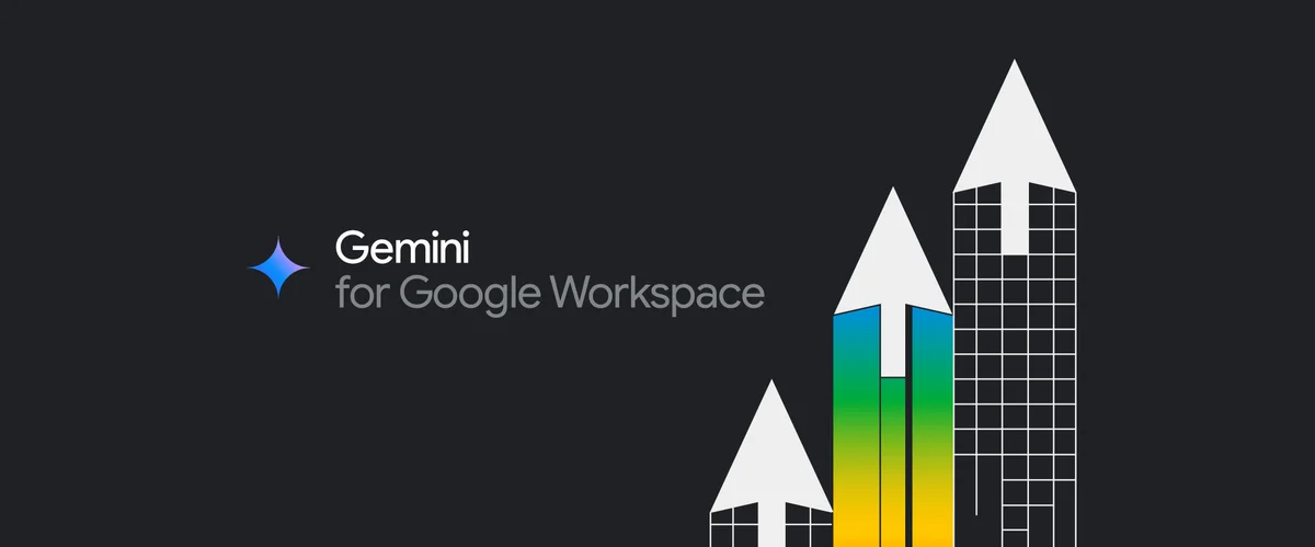 “Gemini for Google Workspace” 白色和灰色文本在黑色背景上。三个彩色的几何光标指向文本旁边。