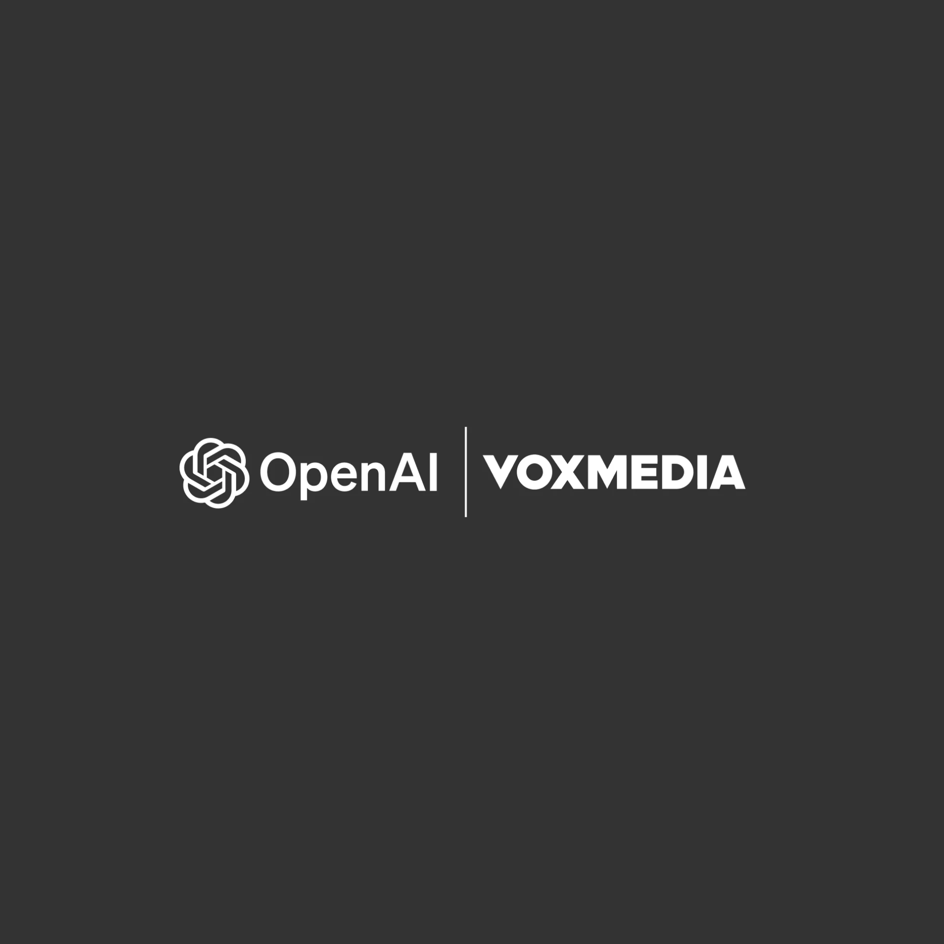 OpenAI和Vox Media的标志以白色显示在深灰色背景上。