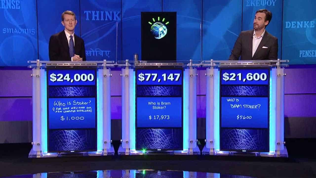IBM Watson 在电视节目“Jeopardy”上获胜的图片，推广了类似 RAG 的 AI 服务