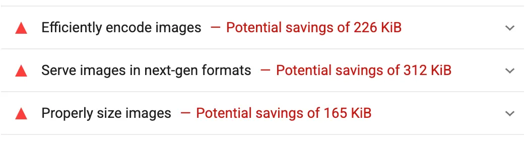 The three image-optimization audits in a Lighthouse report