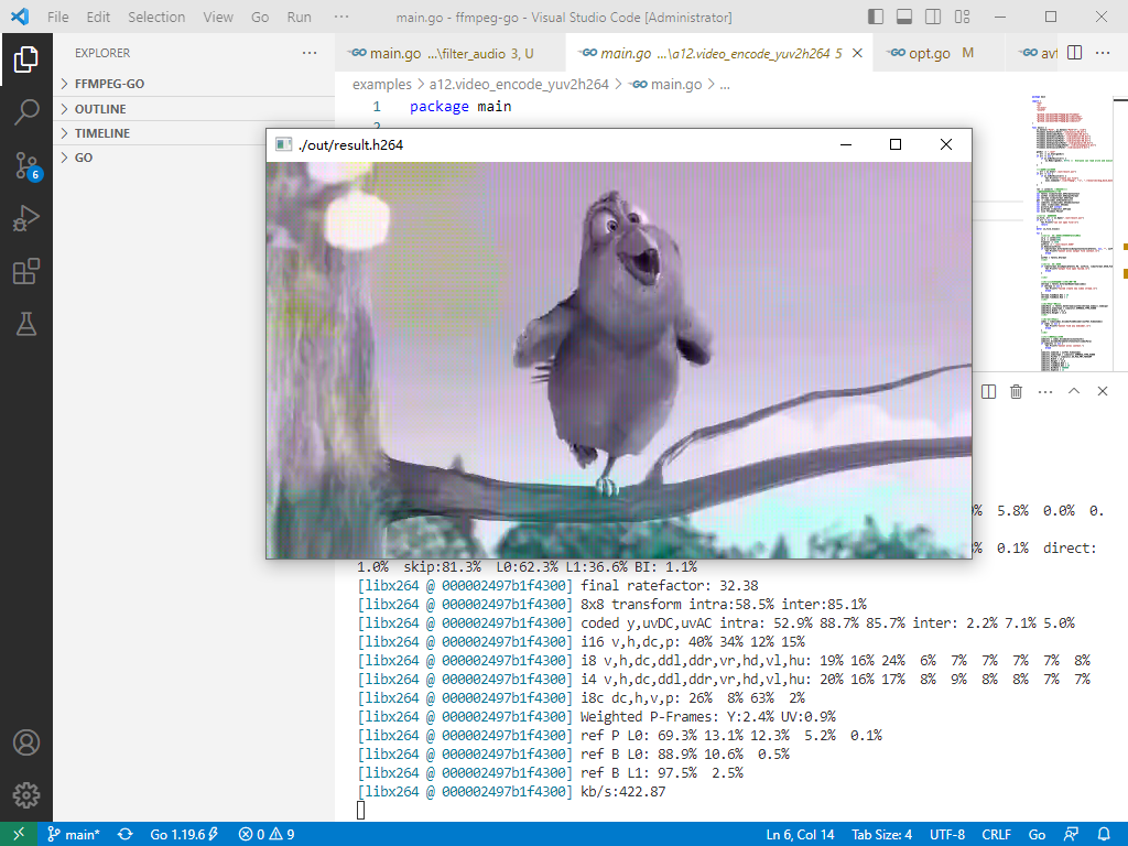 2023-02-28：moonfdd/ffmpeg-go是用go语言绑定ffmpeg的库，目前是github上最好用的库。请用go语言将yuv文件编码为h264