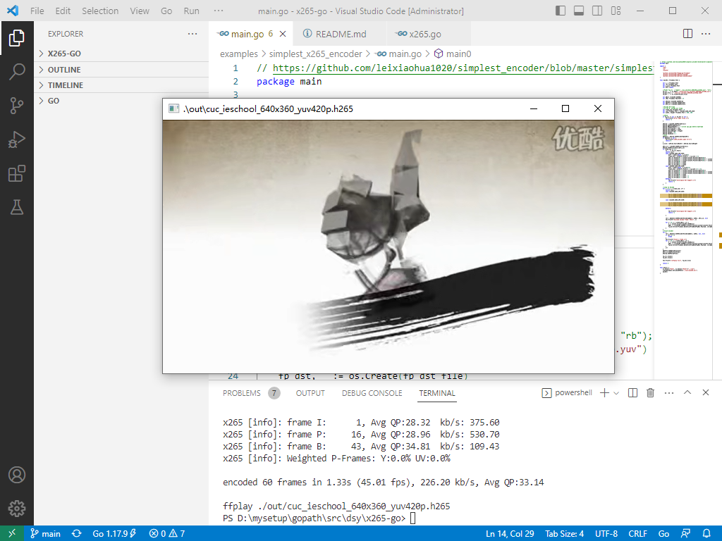 2023-03-08：x265的视频编码器，不用ffmpeg，用libx265.dll也行。请用go语言调用libx265.dll，将yuv文件编码成h265文