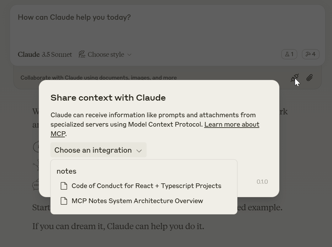 Claude Desktop 中的 MCP 笔记资源截图