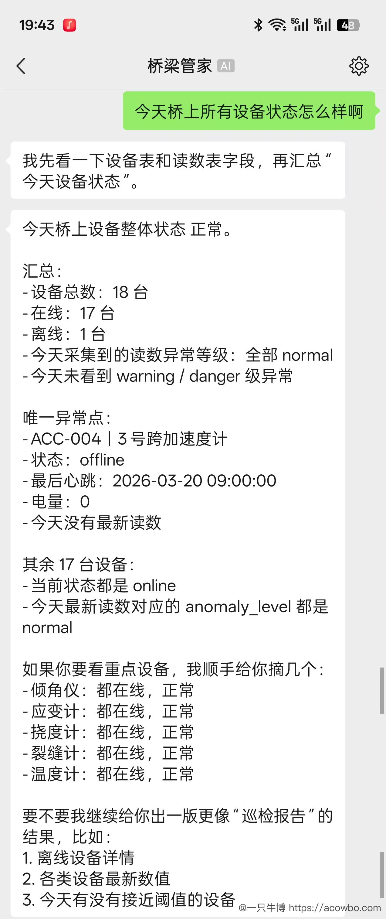 场景1：设备状态汇总，AI 识别出 ACC-004 离线及 CRK-001 接近预警线