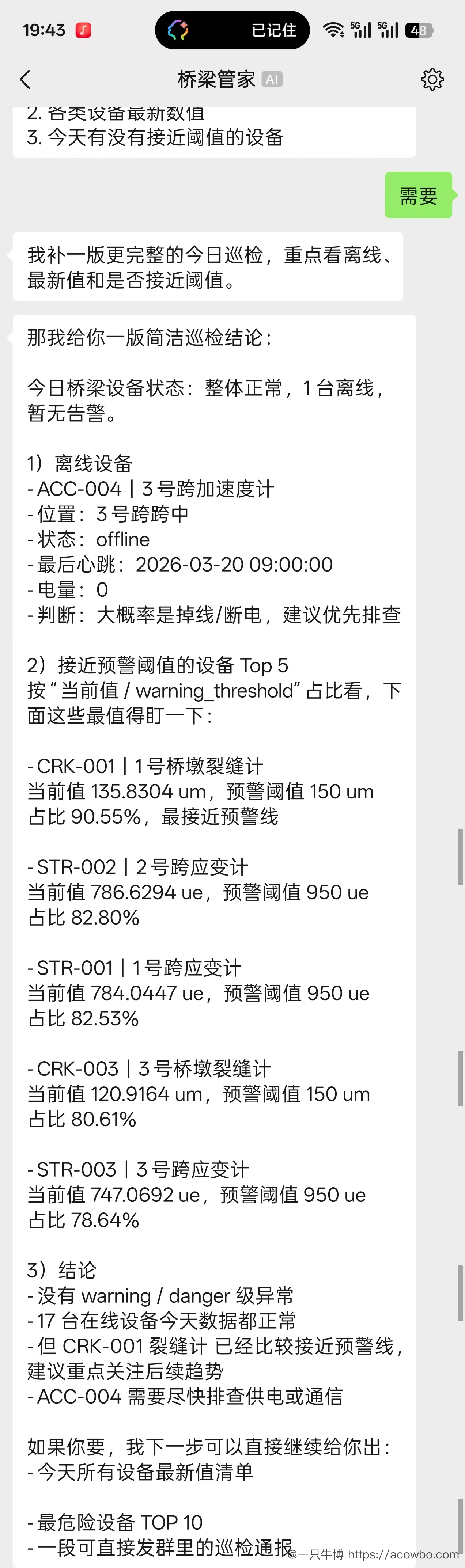 场景1续：巡检结论，CRK-001 已达预警阈值 90.55%