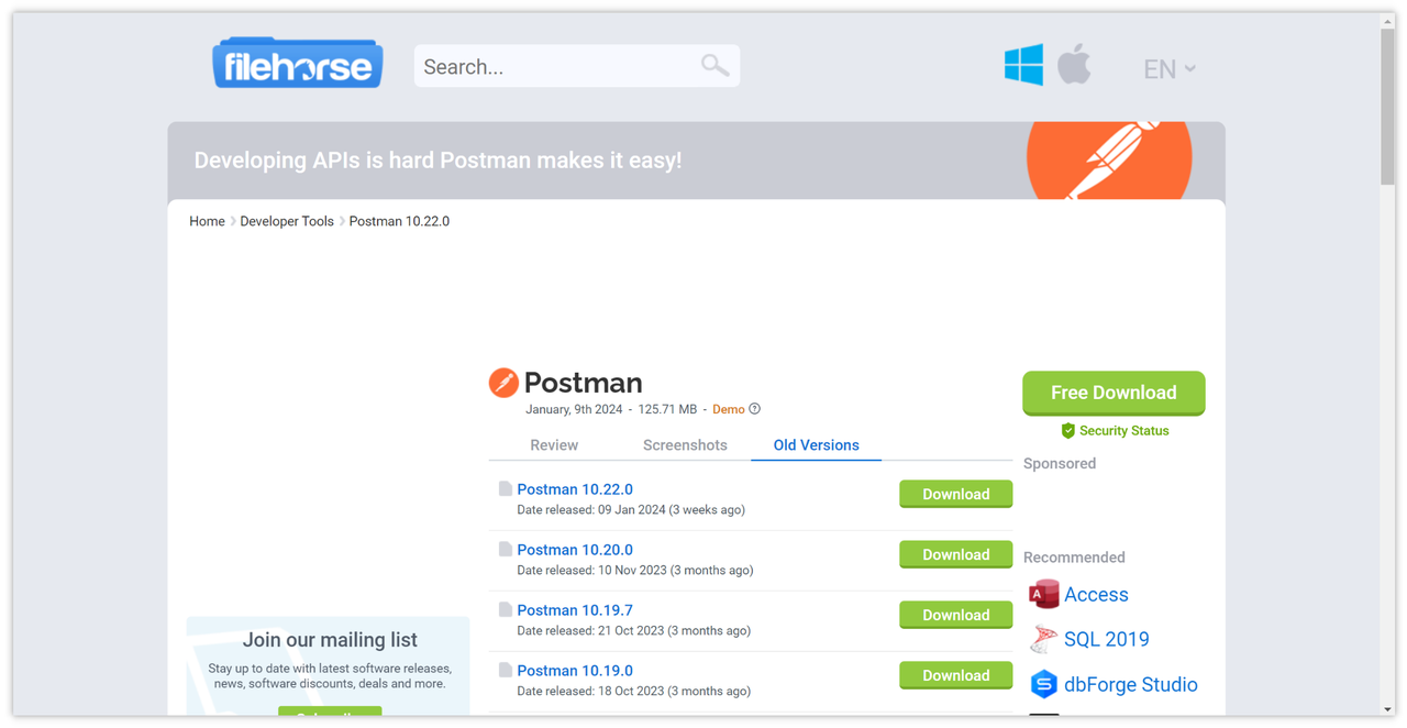 Windows Postman 历史版本下载页面