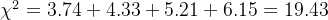 \chi^2 = 3.74 + 4.33 + 5.21 + 6.15 = 19.43