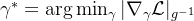 \gamma^* = \arg\min_{\gamma} | \nabla_\gamma \mathcal{L} |_{g^{-1}}