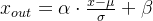 x_{out} = \alpha \cdot \frac{x-\mu}{\sigma} + \beta