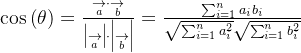\cos \left ( \theta \right )=\frac{\underset{a}{\rightarrow} \cdot \underset{b}{\rightarrow}} {​{\left | \underset{a}{\rightarrow} \right |}\cdot{\left | \underset{b}{\rightarrow} \right |}}=\frac{\sum_{i=1}^{n}a_{i}b_{i}}{\sqrt{\sum_{i=1}^{n}a_{i}^{2}}\sqrt{\sum_{i=1}^{n}b_{i}^{2}}}