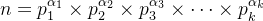 n = p_{1}^{\alpha_{1}} \times p_{2}^{\alpha_{2}} \times p_{3}^{\alpha_{3}} \times \dots \times p_{k}^{\alpha_{k}}