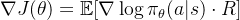 \nabla J(\theta) = \mathbb{E}[\nabla \log \pi_\theta(a|s) \cdot R]