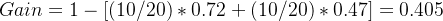 Gain = 1 - [ (10/20)*0.72 + (10/20)*0.47 ] = 0.405