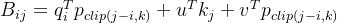 B_{ij} = q_i^T p_{clip(j-i,k)} + u^T k_j + v^T p_{clip(j-i,k)}