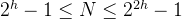 2^{h}-1\leq N\leq 2^{2h}-1