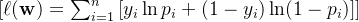 [ \ell(\mathbf{w}) = \sum_{i=1}^n \left[y_i\ln p_i + (1-y_i)\ln(1-p_i)\right] ]