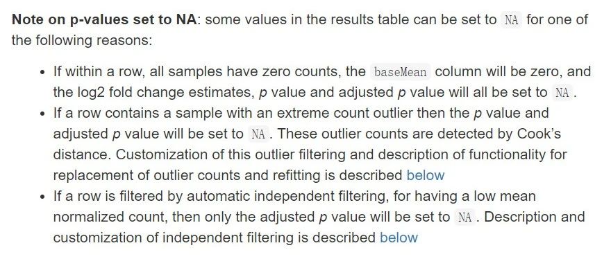 (DESeq2) Why are some p values set to NA?