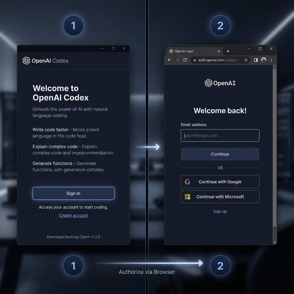 图⑤：Codex 登录及浏览器弹出 OpenAI 登录页