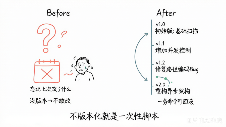 版本化对比：没版本不敢改 vs 版本化+回滚