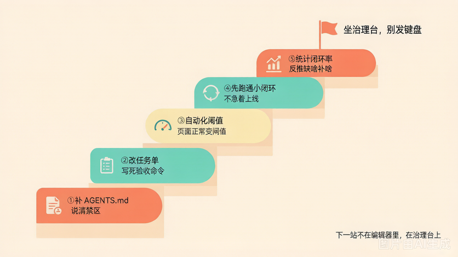 立刻能落地的五步：AGENTS.md、任务单验收、自动化阈值、小闭环、统计闭环率
