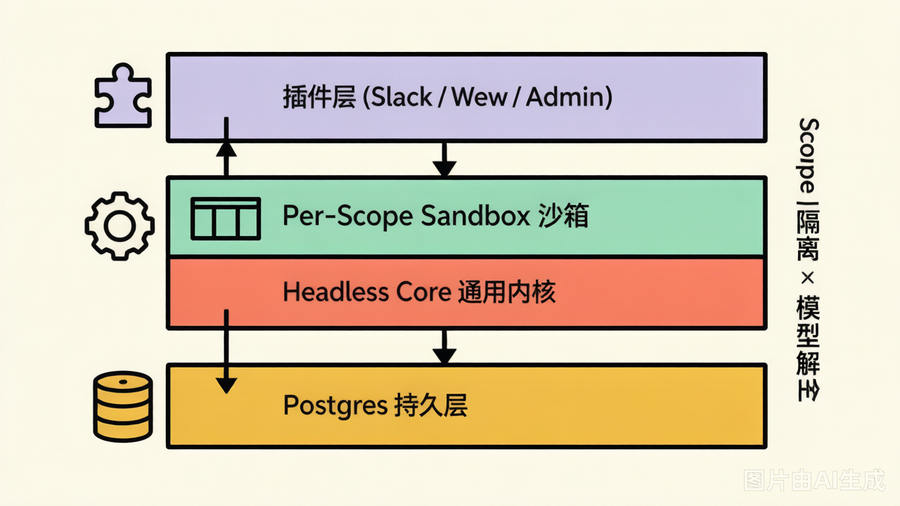 QM 四层架构：Postgres → Core → Sandbox → 插件