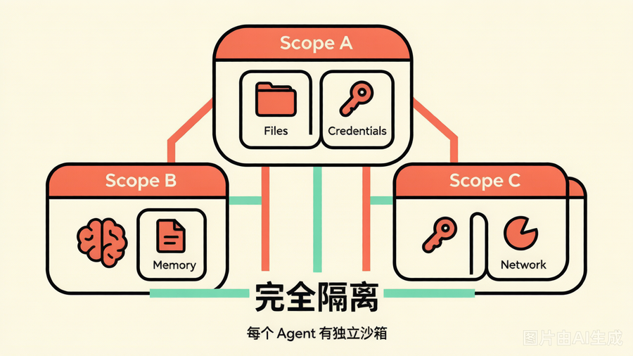 Scope 隔离：每个 Agent 拥有独立沙箱