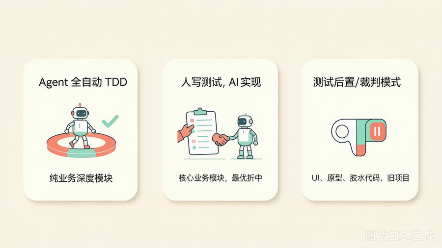 社区三种模式:全自动 TDD、人写测试 AI 实现、测试后置