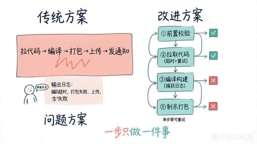 原子步骤对比：大函数 vs 分步流水线