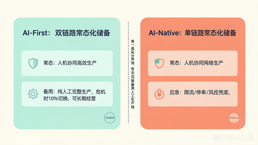 AI-First双链路 vs AI-Native单链路：有无备用人工生产线是唯一分界线