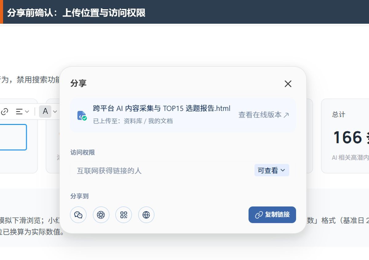 分享面板里可查看在线版本、设置访问范围，并复制链接。