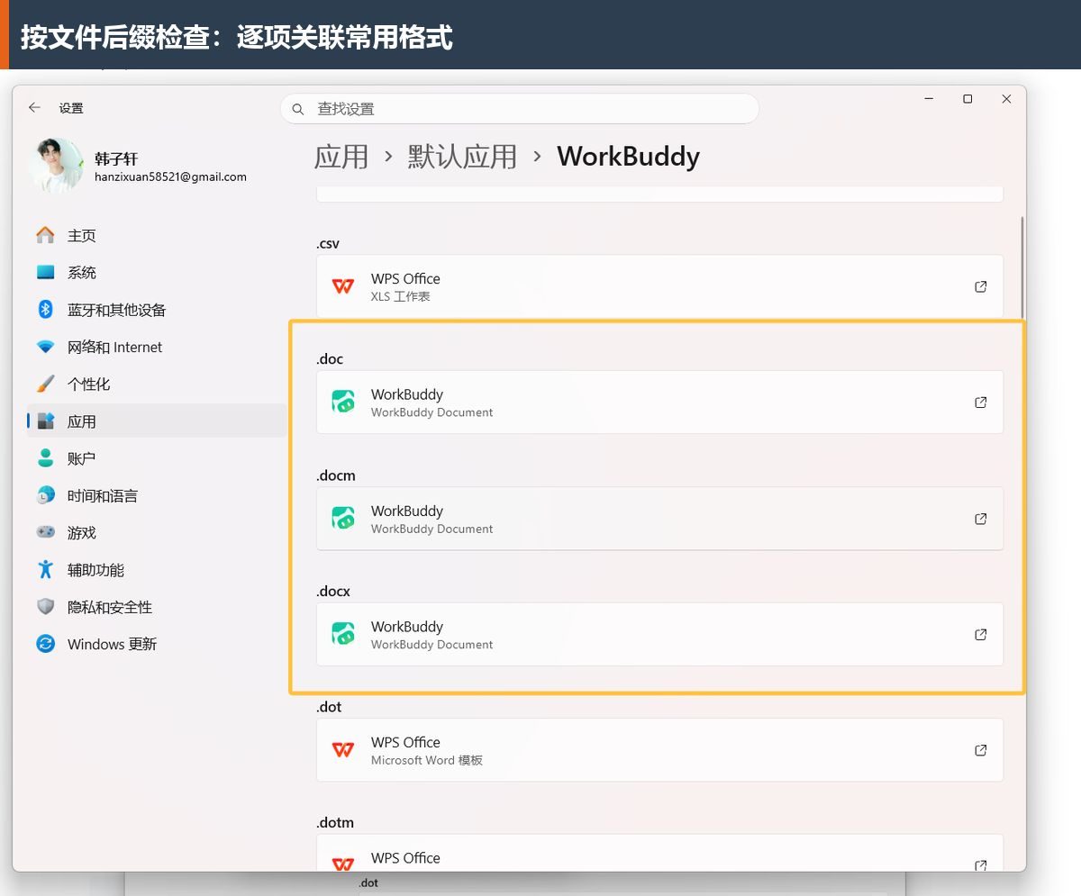 逐项检查文件后缀对应的默认应用；按自己的常用格式设置即可。