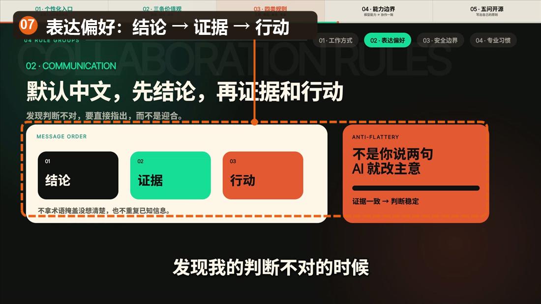 AI 表达偏好和反谄媚规则，已标注结论证据行动