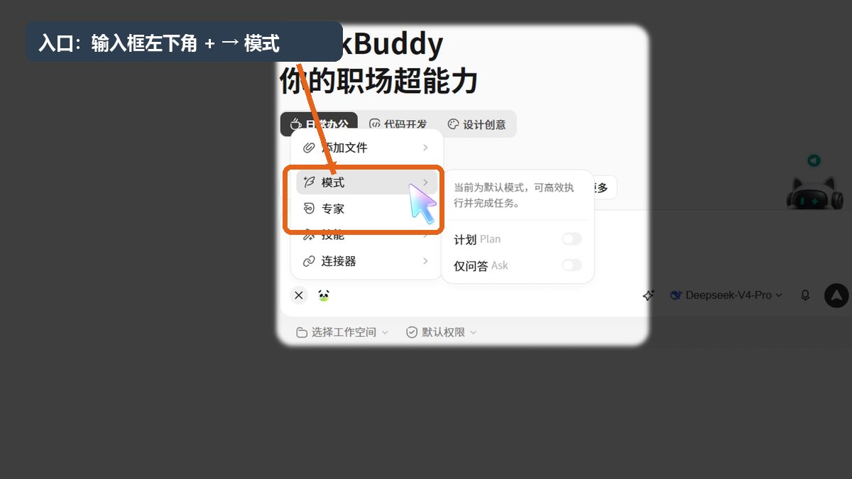 WorkBuddy 模式入口：点击输入框左下角加号，再进入模式